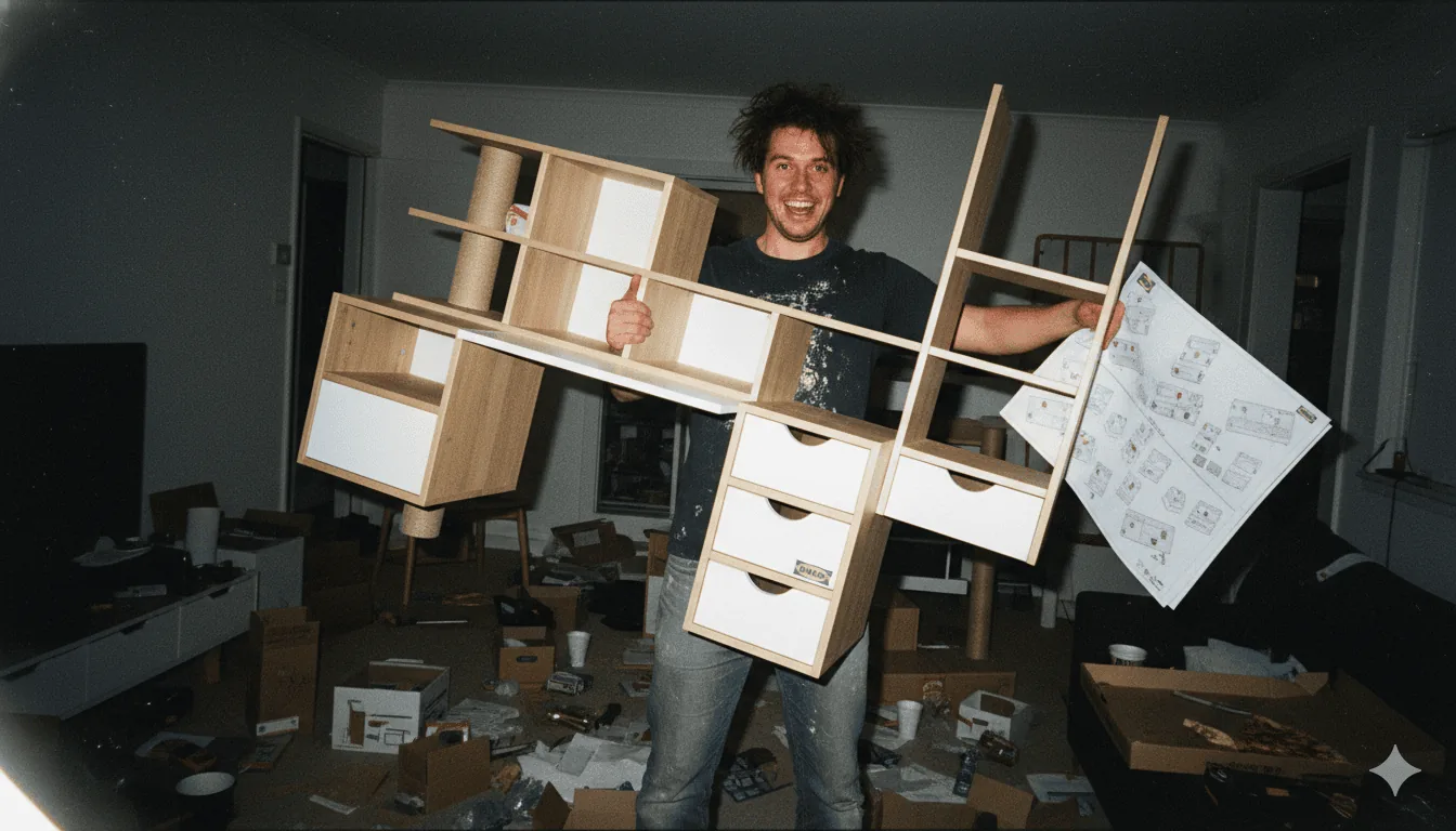 Jeune homme ayant monté un meuble IKEA imaginaire