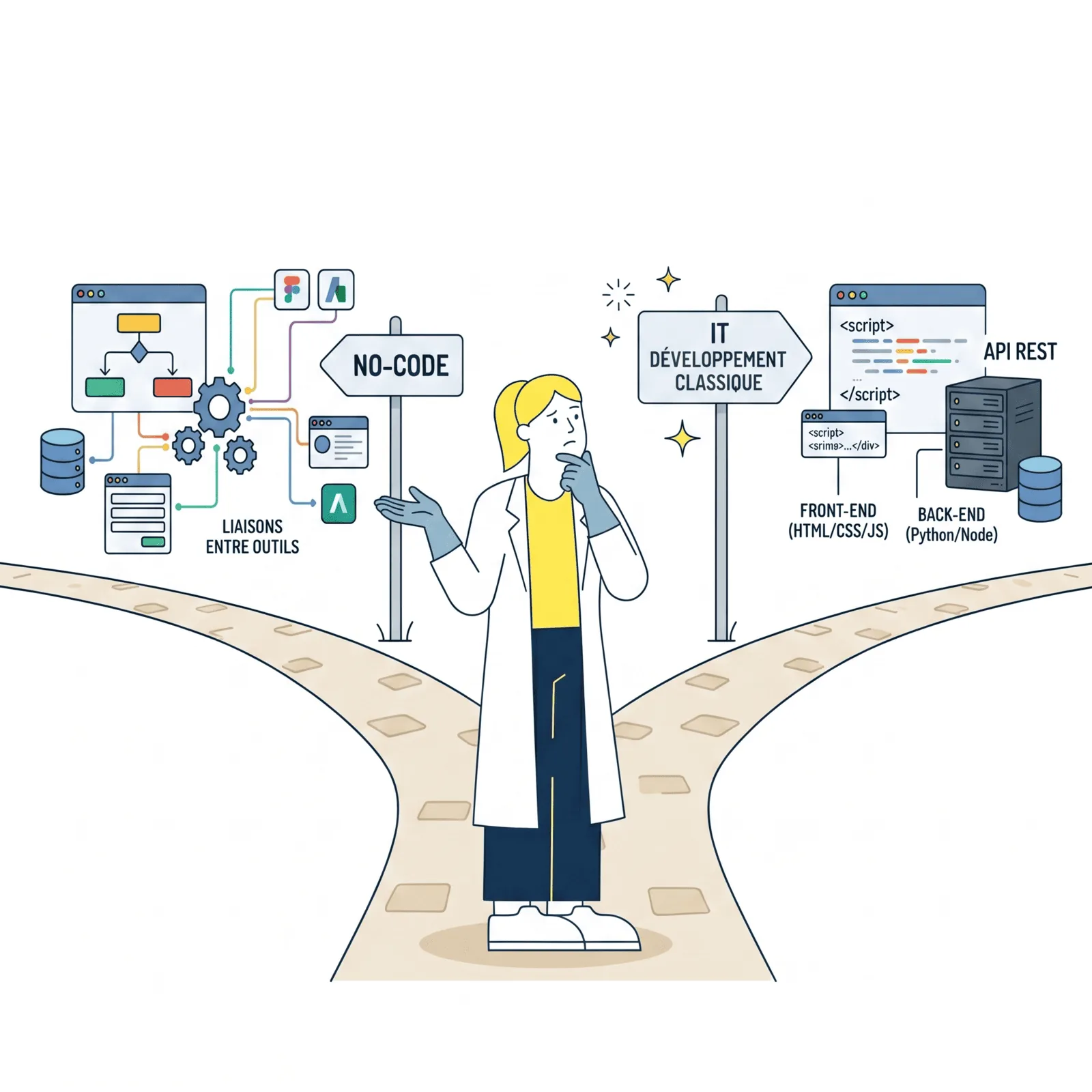 Illustration no-code vs développement sur mesure : choisir la bonne approche pour son application