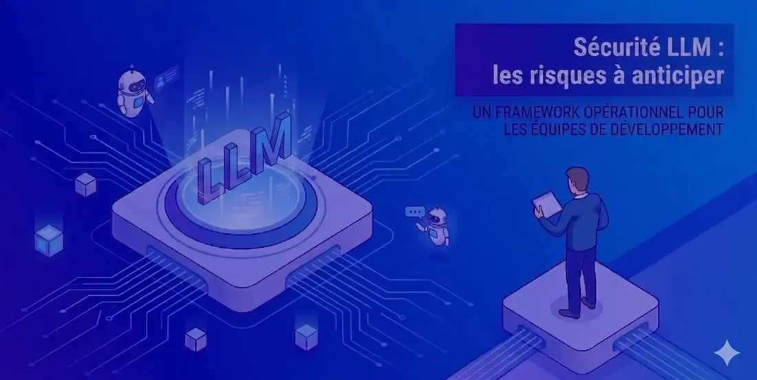 Illustration isométrique : une puce marquée LLM au centre d'un réseau de circuits, avec le titre Sécurité LLM, les risques à anticiper