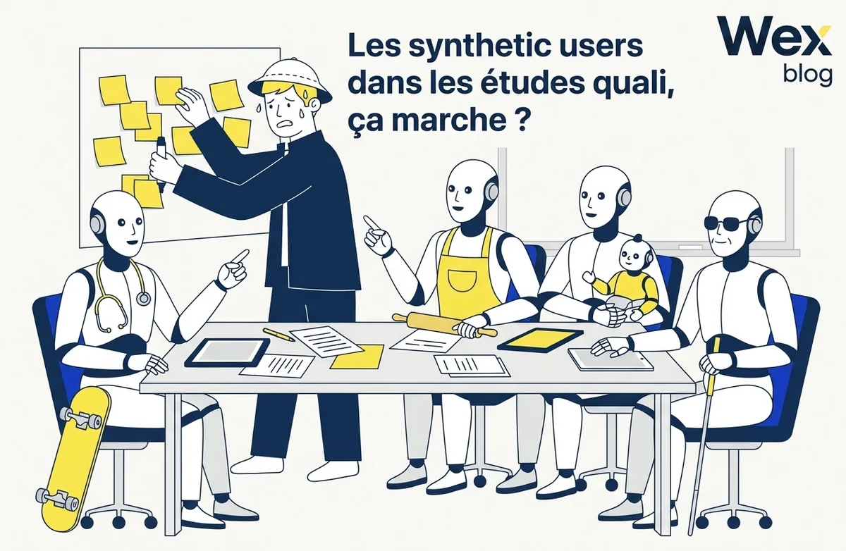 Illustration en flat design d'un entretien utilisateur où le participant est un reflet généré, aux couleurs bleu marine et jaune