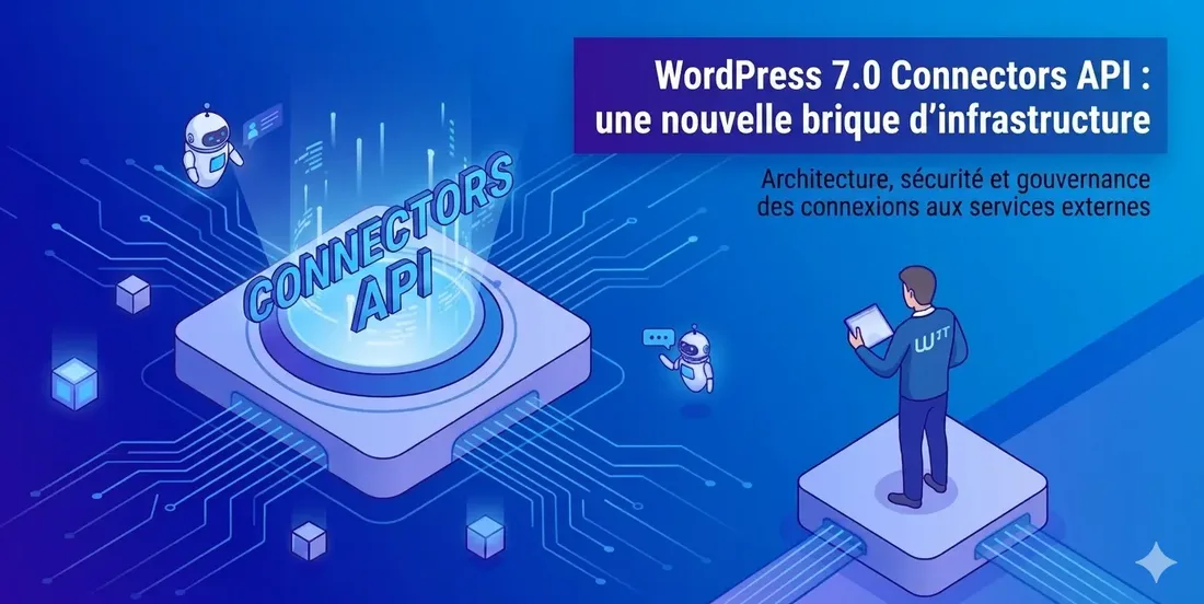 Illustration de la puce Connectors API entourée de robots et d'un développeur, symbolisant la gouvernance des connexions aux services externes dans WordPress